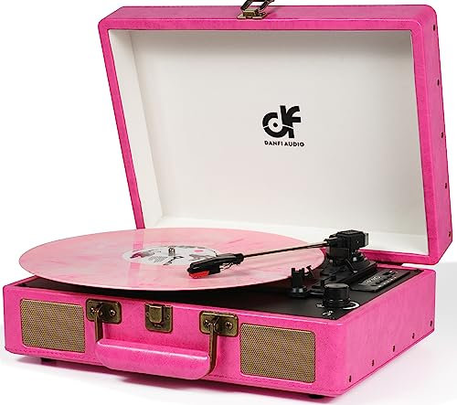 Vintage Bluetooth Koffer Record Player mit eingebauten Lautsprechern, 3 Geschwindigkeiten, tragbarer Plattenspieler mit USB-Vinyl-Audiorecorder, RCA AUX-In & Kopfhöreranschluss (Rosa, 2022 Neue