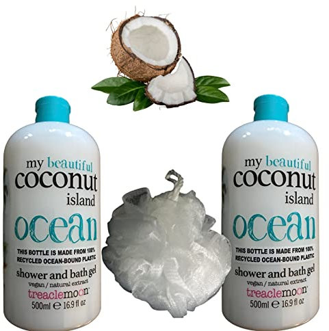 Bundle of 2 Treaclemoon Coconut Shower and Bath Gels (500 ml each) with a Body Puff