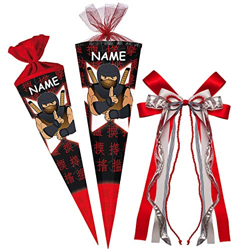 alles-meine.de GmbH Schultüte - Ninja Kämpfer - Samurai - 100 cm - 12 eckig - incl. Name und große 3D Effekt Schleife - Tüllabschluß - Zuckertüte - mit/ohne Kunststoff Spitze..