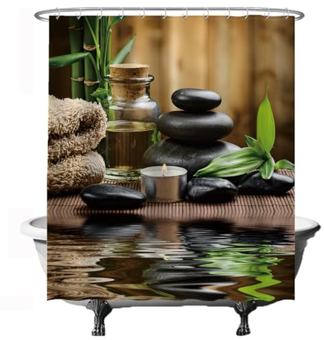 Ulticool Duschvorhang - Zen Spa Meditation Rest Natur - 180 x 200 cm - Waschbar - Anti Schimmel - mit 12 Ringen - Grün Beige Schwarz
