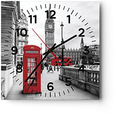 Modern Wanduhr Schuppen Telefon London 40x40cm Quadrat Groß Wand Uhr Glas Analog Zimmeruhren Küche Büro Wohnzimmer Glasuhr Wall Clock Dekoration Design Wanddekoration Küchenuhr C4AC40x40-4326