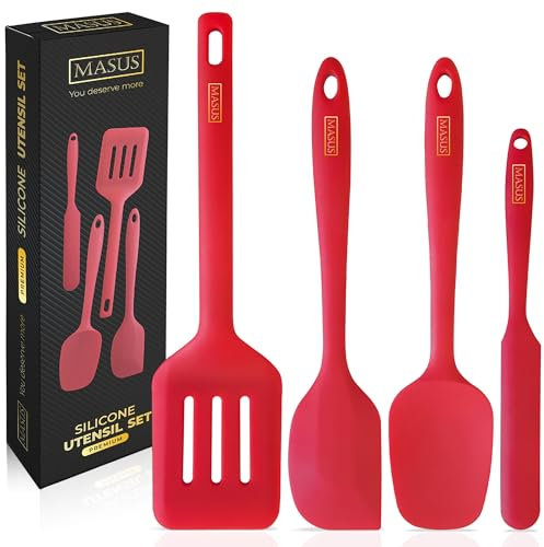 MASUS Silicone Spatula Set 4 Pc Rubber Spatulas With a Turner For Nonstick Pans – Rubber Spatula Set Heat Resistant 600°F For Baking- Cooking plastic spatula, BPA-Free, Dishwasher Safe