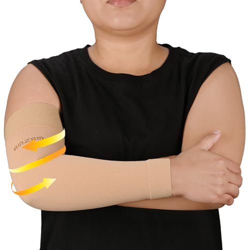 AMZAM® Manga de compresión médica para mujeres y hombres, 20-30 mmHg, soporte de compresión graduada con banda de silicona para aliviar el dolor, linfedema, edema, hinchazón, artritis, beige, talla