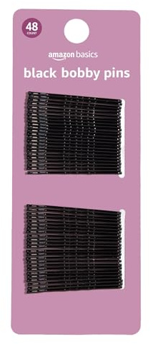Amazon Basics No Slip Bobby Pins, Black High Gloss, 48 Count, for Pain-Free Comfortable All-Day Styling and Updos, All Hair Types
