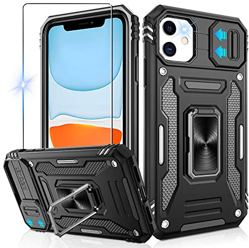 Jshru for iPhone 11 Phone Case with Screen Protector and Slide Camera Cover [Upgrade],Military Grade Shockproof Case,Ring Kickstand Phone Cover for iPhone 11 (6.1 inch),Black