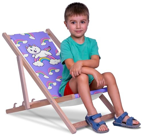 DreamRoots Kinder Liegestuhl Holz Gr. S, Cat Unicorn | Klappbarer Campingstuhl faltbar, für Garten & Strand, bis 130 kg, waschbarer Bezug, 100% Polyester, UV-beständig, Kinderliege
