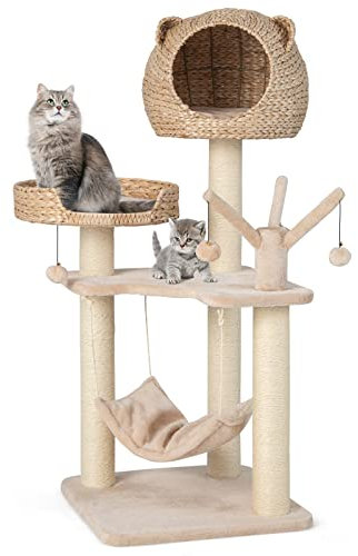 COSTWAY Arbre a Chat XXL 121 cm, Arbre a Chat Bois, 3 Poteaux à Griffer en Sisal, Tour pour Chaton, 3 Plateformes, Condo, Hamac, 4 Pompons, 49,5 × 49,5 × 121 cm