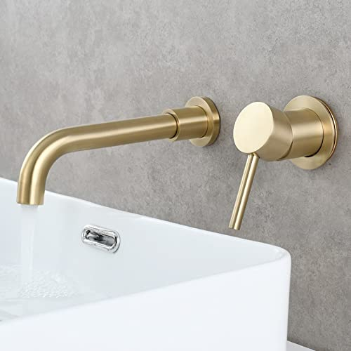 ZYCDP Wandarmatur Waschbecken Bad,Edelstahl,Wasserhahn Bad 360° Wandmontage,Einhebelmischer,Wandmontage,Badezimmer-Mischbatterie,2-Loch Badarmatur Heiß Und Kalt,Gebürstetes Gold