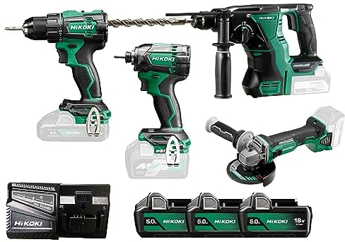 HiKOKI Brushless Combo-Kit - Amoladora Angular, Taladro Atornillador, Llave de Impacto, Martillo Perforador, 3x Baterías 18V 5.0Ah, Cargador, Bolsa de Transporte - Potente y Versátil