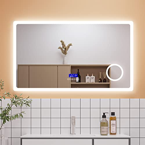Aica Sanitär LED Spiegel Bad 140×80cm Bluetooth Uhr Schminkspiegel 3 Lichfarbe dimmbar Anti-Beschlag Spiegel mit Beleuchtung Explosionsschutzfolie energiesrarend