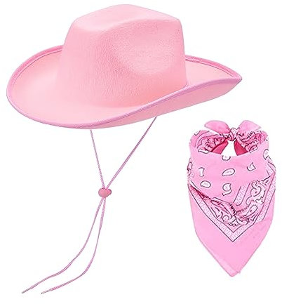 Qianderer Chapeau de cowboy avec bandana – Chapeau de cowgirl boa à plumes pour homme et femme, enterrement de vie de jeune fille, Halloween, rose, taille unique