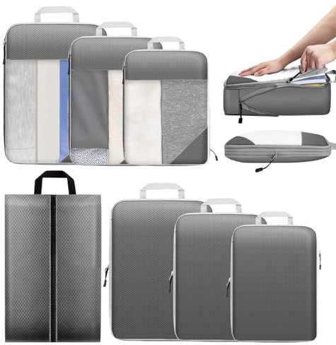 7 Set Compression Packing Cubes for Travel Suitcase Luggage Organizer Bags Set, Waterproof Grey 2 Style Packing Cube Kit Travel Essentials Accessories