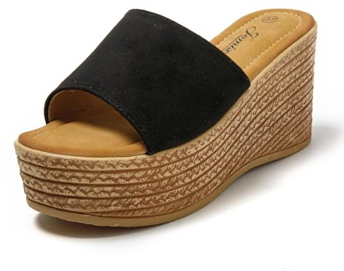 JOMIX Ciabatte Donna Estive Zeppa Pantofole Elegante a Fascia Sandali Comodi da Estate Casa Mare Spiaggia SD9098 Nero, 37