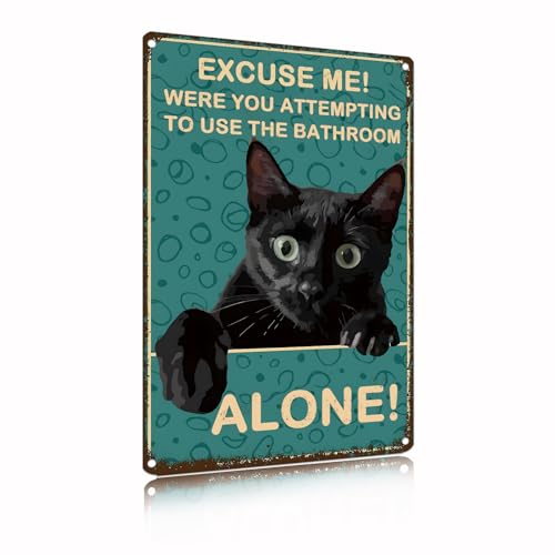 Vintage Black Cat Bathroom Metal Tin Sign, Poster Art Wall Decor Mural, Funny Home Toilet Wall Decor Wall Art Plaque 8 x 12 inches (2436)