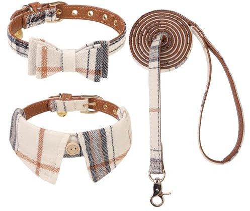 KOOLTAIL Small Dog Collar and Leash Set with Bowtie and Bells - Puppy Collar and Leash for Female/Male with Classic Plaid Matching Pattern, Soft Leather Leashes for Small Dogs Boys Girls, Shirt Plaid