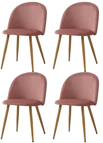 TTATC Lot de 4 Chaises de Salle à Manger Rembourrées avec Revêtement en Velours, Chaises de Cuisine au Design Moderne avec Pieds en Métal Réglables de Style Bois, Rose