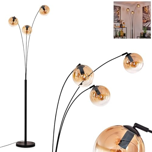 HOFSTEIN Stehleuchte Gastor, moderne Stehlampe aus Metall/Glas in Schwarz/Bernsteinfarben/Klar, Leuchte im Retro/Vintage-Design, Ø Schirme 15 cm, Fußschalter, 6 x E14, Wohnzimmer, Schlafzimmer, Büro