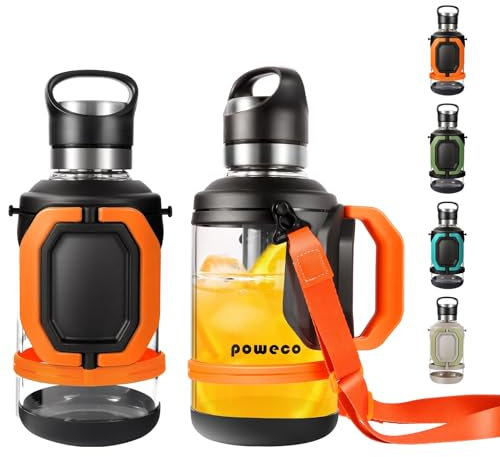 poweco Trinkflasche Glas 2L/Liter mit Griff - Wasserflasche Glas mit sieb und Schultergurt, BPA-frei - Glas-Trinkflasche, Glasflasche, für Outdoor, Arbeit, Tee, Getränke, Wasser (2000ml, orange)