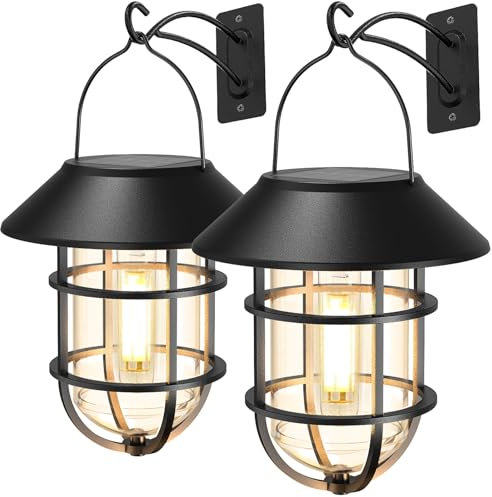 2 Pack Upgrade Solar Outdoor Lights, Hanging Wireless Solar Lantern, Waterproof Solar Lights with Wall Mount Kit for Garden Patio Porch Fence Decor