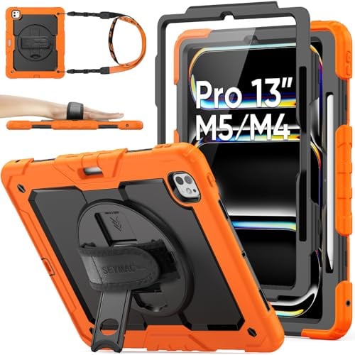 SEYMAC stock Hülle für iPad Pro 13 Zoll M5-M4 (2025-2024), Orange | Rundumschutz,Zwei Frontrahmen,Displayschutzfolie, 360° Drehbarer Ständer/Handschlaufe,Verstellbarer Schultergurt,Stifthalter