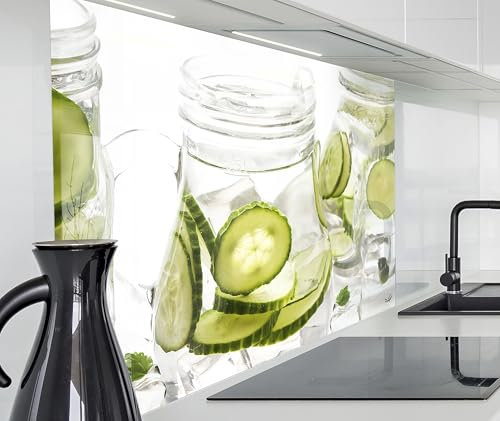 timalo Herd Spritzschutz Wand Spüle, Küche Küchenrückwand Glasoptik | Acryl Glas 2mm | Glasrückwand Acrylglas Küchenpaneele Rückwandschutz Platte | 160x50cm Wasserkanne Karaffe Glas mit Gurken
