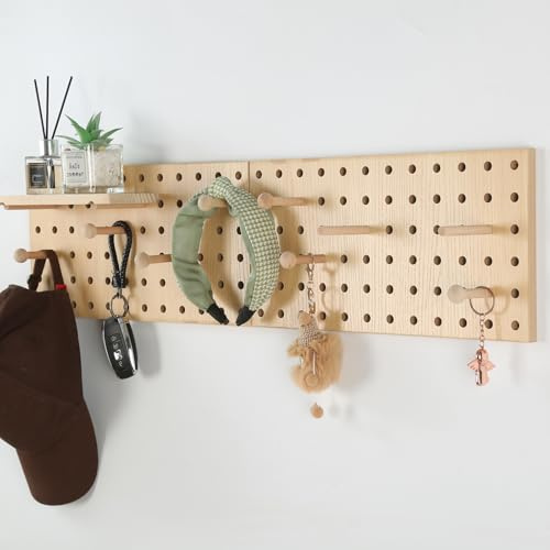 UMICAL Wood Pegboard Wall Organizer with Wooden Pegboard Shelves and Hooks - Pine Wood - 15.2W x 7.6H x 0.59D - Home, Office, Bathroom