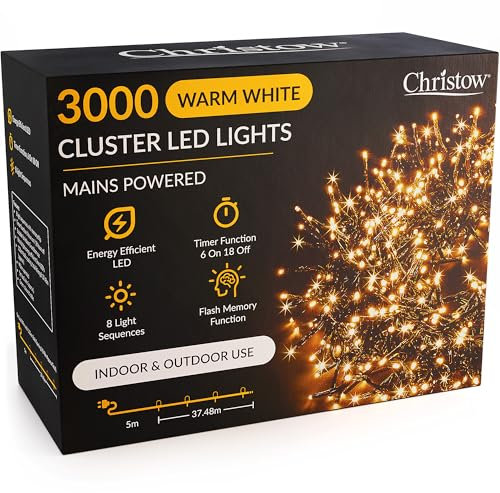 CHRISTOW 3000 LED Cluster Christmas Tree Lights, Warm White Fairy Lights with Timer, 8 Light Modes, Energy Efficient 3mm Micro LEDs, Indoor & Outdoor, Mains Powered, Green Cable, 37.48m Lit Length