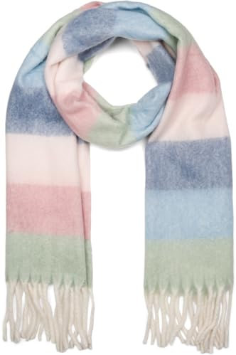 styleBREAKER Damen Web-Strickschal mit breiten bunten Streifen und dicken Fransen - Warmer Winter-Schal, mehrfarbig 01017160, Farbe:Lindgrün-Blau-Creme-Rose
