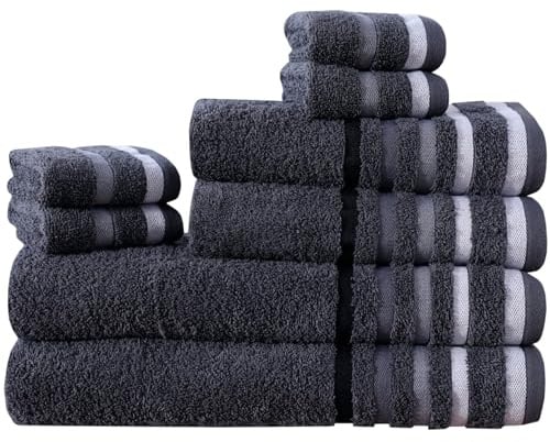 8 Piece Towel Set – 100% Natural Cotton, 600 GSM – Includes 2 Bath Towels, 2 Hand Towels, 4 Face Cloths – Ultra Soft, Highly Absorbent, Quick-Dry – Hotel Spa Quality Bale Set (Charcoal Stripe Border)