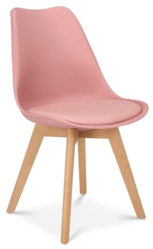 Bravich Rocco Dining Chair- Dusty Pink. Faux Leather Upholstered Dining Chair With Natural Wooden Legs, Cushion Pad Seat & Back Support For Kitchen Table- 42 x 42 x 81cm.