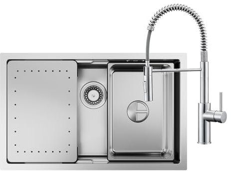 CECIPA Fregadero de acero inoxidable, rectangular, 70 x 44 cm, incluye grifo de cocina, muelle en espiral, fregadero grande, acero inoxidable, 1 lavabo con grifo y muelle en espiral
