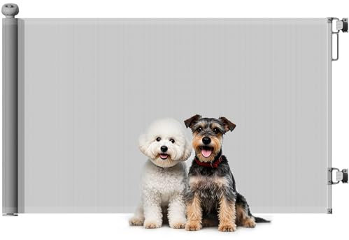 PawHut Barrera para Perros Retráctil 0-140 cm Puerta para Perros Pequeños Extensible Barrera de Seguridad para Mascotas con Interruptor de Cierre para Escaleras Puertas Pasillos Gris