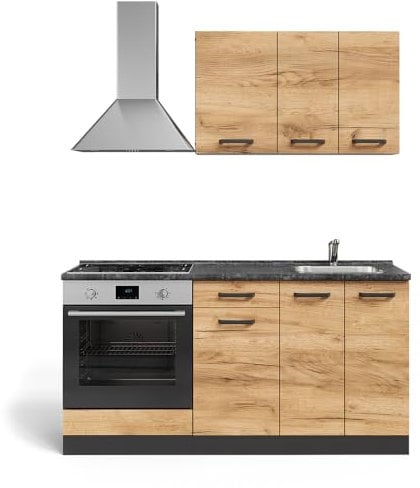 Vicco Cucina completa R-Line, Quercia dorata/antracite, 160 cm con colonna forno senza piano di lavoro