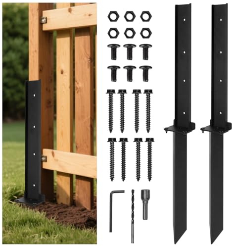 2 Pack Fence Post Repair Kit, Metal Fence Repair Spike, Heavy Duty Fixed Anchor, Steel Fence Post Support, Garden Ground Stakes for Repairing Tilted Broken Wooden Fence Posts