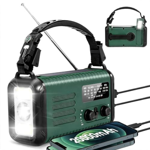 Kurbelradio 20000mAh Solarbetrieben AM FM Breitband Notfallradio | Taschenlampe Radio mit SOS Kompass, USB Handy-Ladegerät, Tragbares Wetterradio für Notfälle Outdoor Survival
