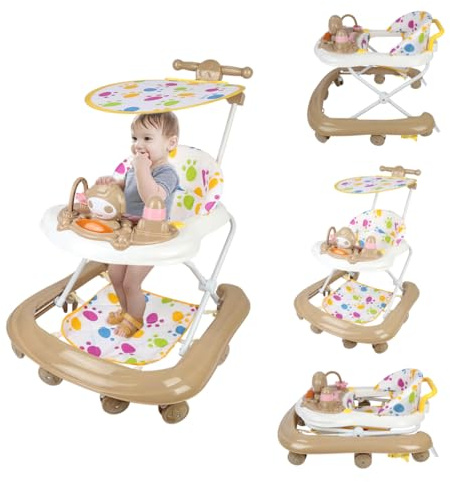 Homewell 3in1 Lauflernhilfe klappbare, Perlenschiebespielzeug, Höhenverstellbar, Lauflernwagen mit Esstablett & hoher Rückenlehne & Schiebegriff, Laufhilfe für Kinder ab 6 Monaten (Khaki)