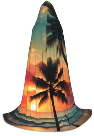 JEJEA Tropical Beach Palm Tree Print Halloween Cosplay Christmas Party Outfits Hooded Wizard Robe Halloween Cloak Medieval Renaissance