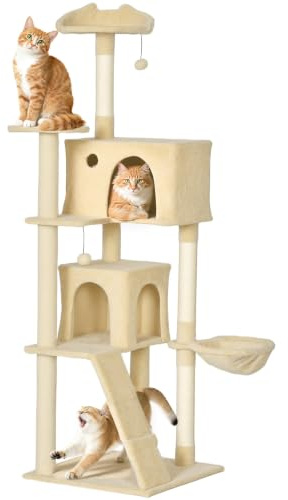 PawHut 180cm Cat Tree for Indoor Use, Multi-Level Cat Tower, Beige | Scratching Posts, Plush Perches & Condos, Large Kitty Activity Centre, Hammock, Ladder, Dangling Balls for Kittens