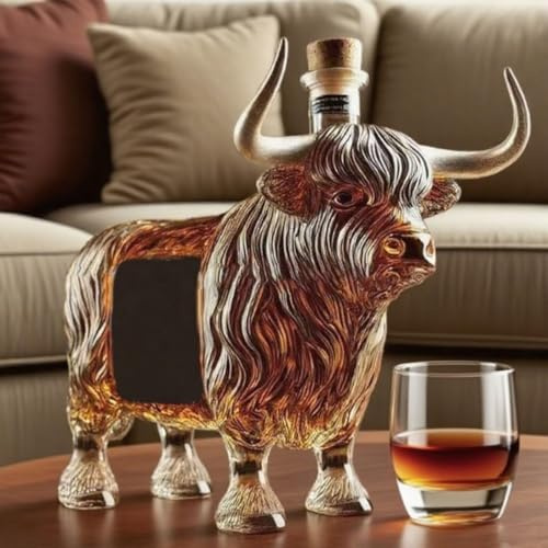 YDZYFFS 300ML Whiskey Decanter Wine Bottles Art Statue Figurine - 3D Highland Cow Shape Whiskey Decanter, Novelty Glass Cow Shape Wine Bottle, Creative Animal Theme Liquor Storage Container