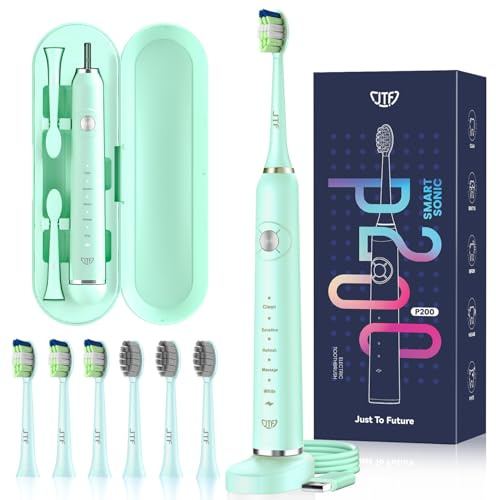 JTF Sonic Electric Toothbrush with 6 Brush Heads (2 Types) for Adults and Kids, Deep Clean Rechargeable Toothbrush, 5 Modes, 60 Day Battery & Timer, IPX7 Waterproof, Travel Case, Charging Base, Green