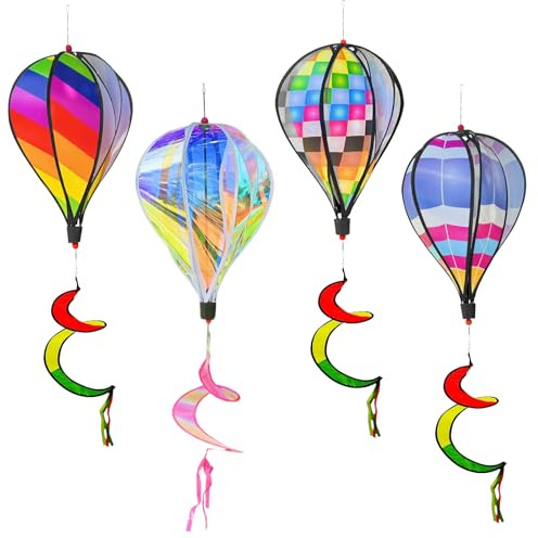 4 Stück 110 cm Windspiel Heißluftballon Regenbogen – Wetterbeständiger & UV-beständiger Windspinner, Wirbel Wind Spinner für Garten, Balkon, Terrasse, Outdoor Dekoration