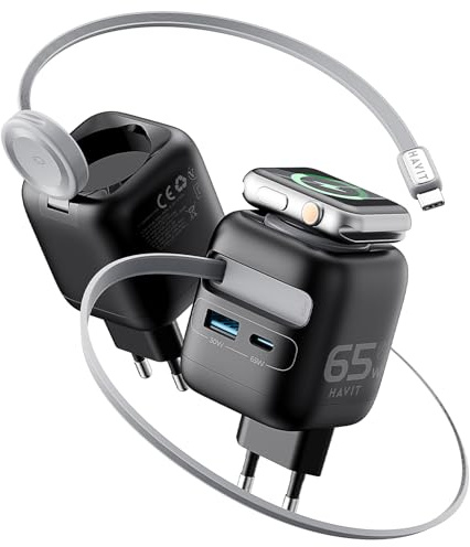 havit 65W USB-C Ladegerät mit Einziehbarem Kabel 4-Port GaN Netzteil Retractable Charger mit Ladekabel für Laptop, Apple Watch Ultra/10/9/SE Serie, iPhone 17/16/15, iPad, Tablet, Galaxy S-A Serie