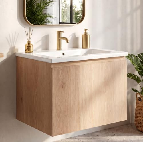 Waschbecken mit Unterschrank 60 cm, Hängend, Wandmontiert, Soft-Close | Handgefertigte Details, Keramikbecken, Soft-Close-Türen, versiegelte Kanten und Stauraum für kleine bis mittelgroße Bäder.