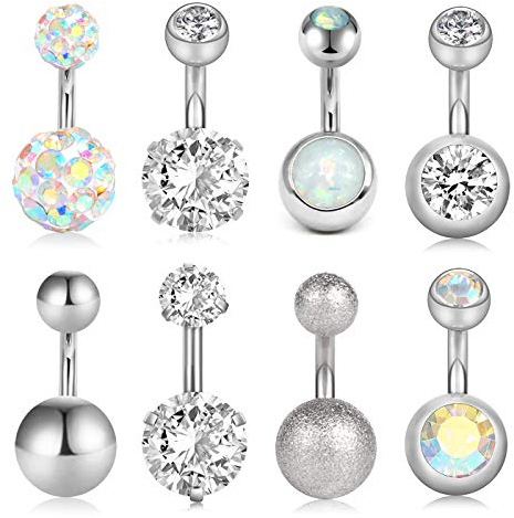 Incaton 6mm Bauchnabelpiercing 14G Nabelpiercing Ring Banane Piercing mit Kristall Kugeln Piercing Schmuck Set aus Chirurgenstahl Silber 8stk