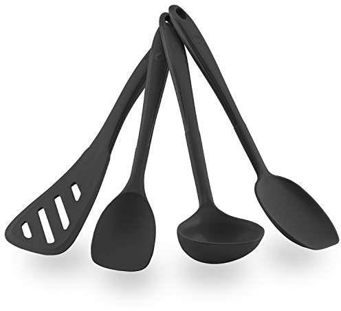 Kochblume Küchenhelfer-Set - Design-Schlitzwender L & Soßenlöffel L & Schöpfkelle L & Flexlöffel L 4er Set | Premium-Silikon | Hitzbeständig | Spülmaschinenfest | Farbe: anthrazit