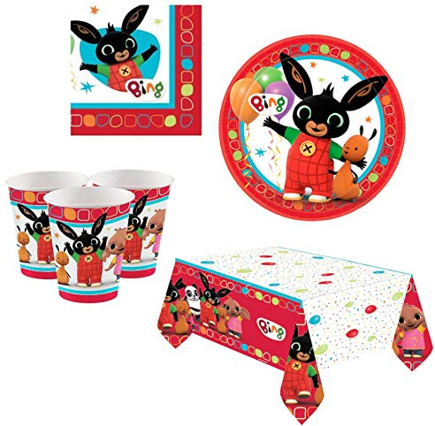 Set 33 pz - Kit Coordinato tavola Bing Il Coniglietto Nero - Decoro Buffet Feste, Compleanno, Party per Bambini - Set in Carta monouso - 8 Piatti + 8 Bicchieri + 16 tovaglioli + 1 tovaglia