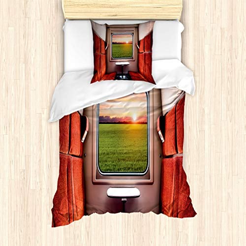 ABAKUHAUS Natur Bettbezug Set für Einzelbetten, Fenster Eisenbahn-Reise, Milbensicher Allergiker geeignet mit Kissenbezug, Rot Grün-Creme