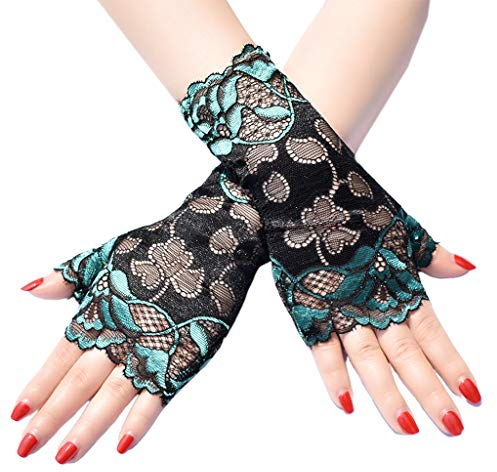 VIccoo Handschuhe, Frauen Dünne Sonnencreme Fingerlose Handschuhe Hohl Floral Lace Contrast Color Mittens - Grün