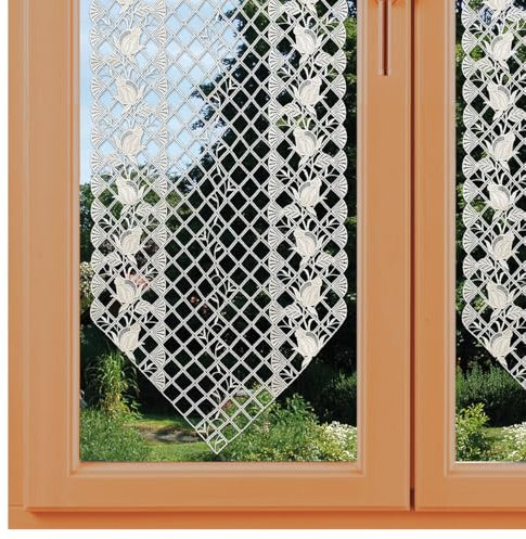Scheibenhänger Anja mit Rosenmuster aus Vogtländischer Spitze Schiebepaneele in natur | filigrane Stickerei-Scheibengardine mit Blumen-Ranken | klassischer Kurzstore Höhe x Breite 71 x 41 cm