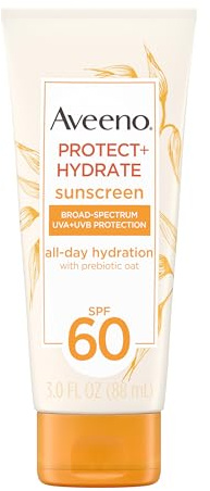 Aveeno Protect + Hydrate Moisturizing Body Sunscreen Lotion with Broad Spectrum SPF 60 & Prebiotic Oat, Weightless & Refreshing Feel, Paraben-Free, Oil-Free, Oxybenzone-Free, 3.0 fl. oz